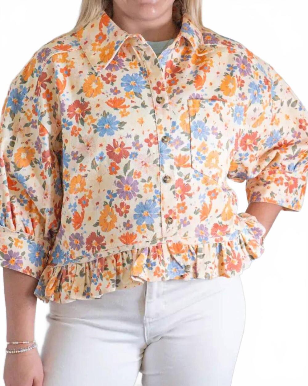 NEW BIBI petal floral button-down top in cream multi